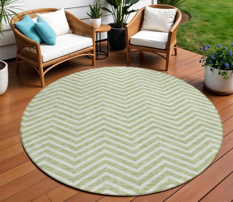 8' Artichoke Green And Ivory Round Chevron Washable Indoor Outdoor Area Rug