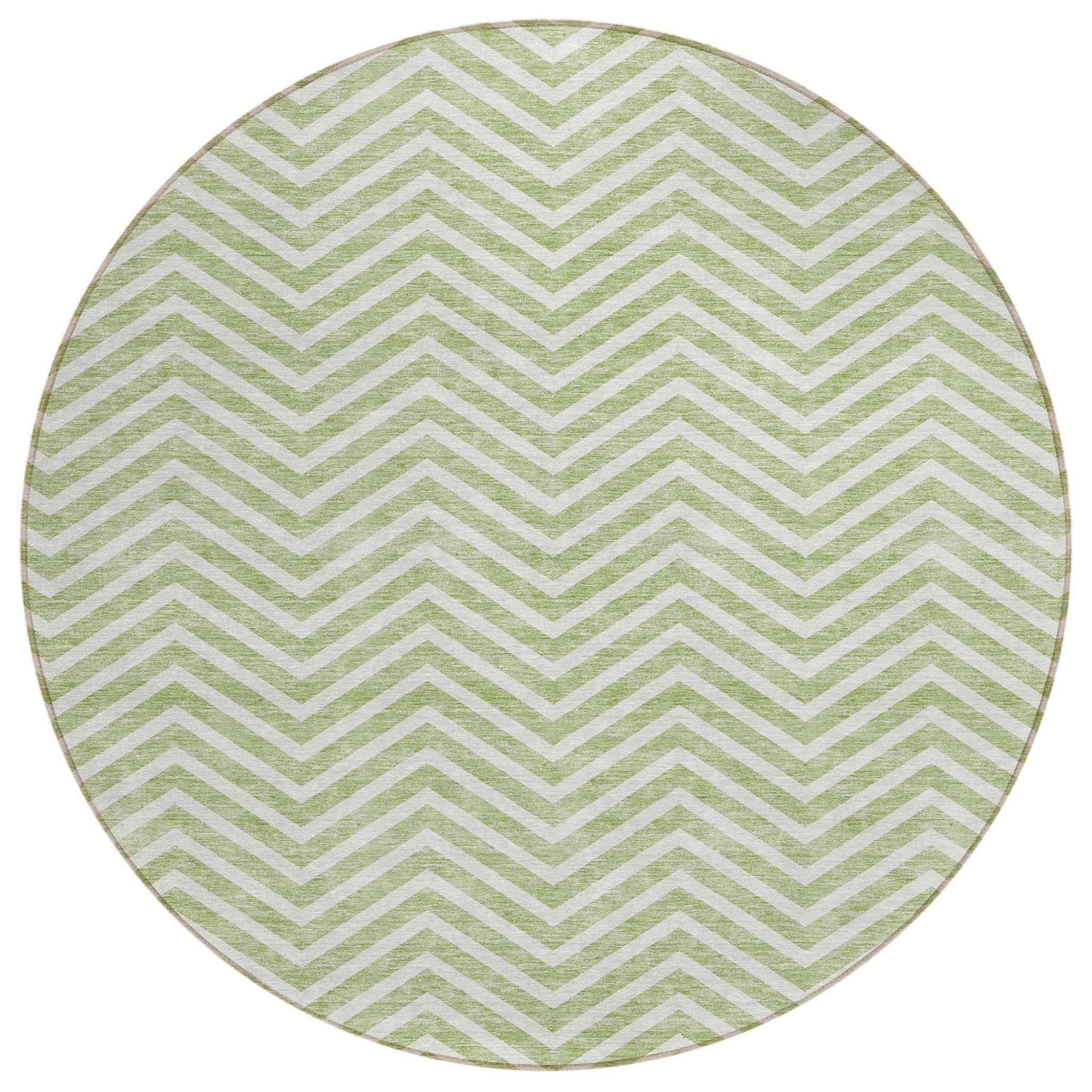 8' Artichoke Green And Ivory Round Chevron Washable Indoor Outdoor Area Rug