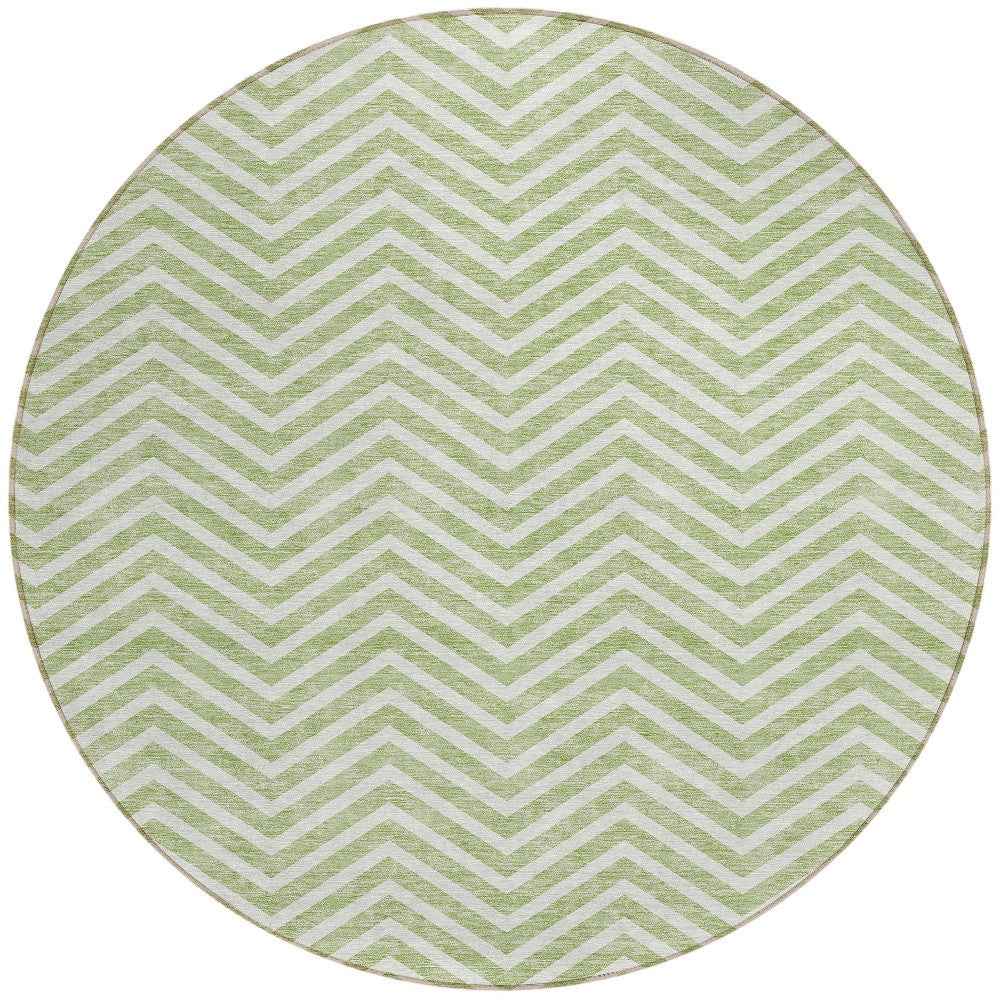 8' Artichoke Green And Ivory Round Chevron Washable Indoor Outdoor Area Rug