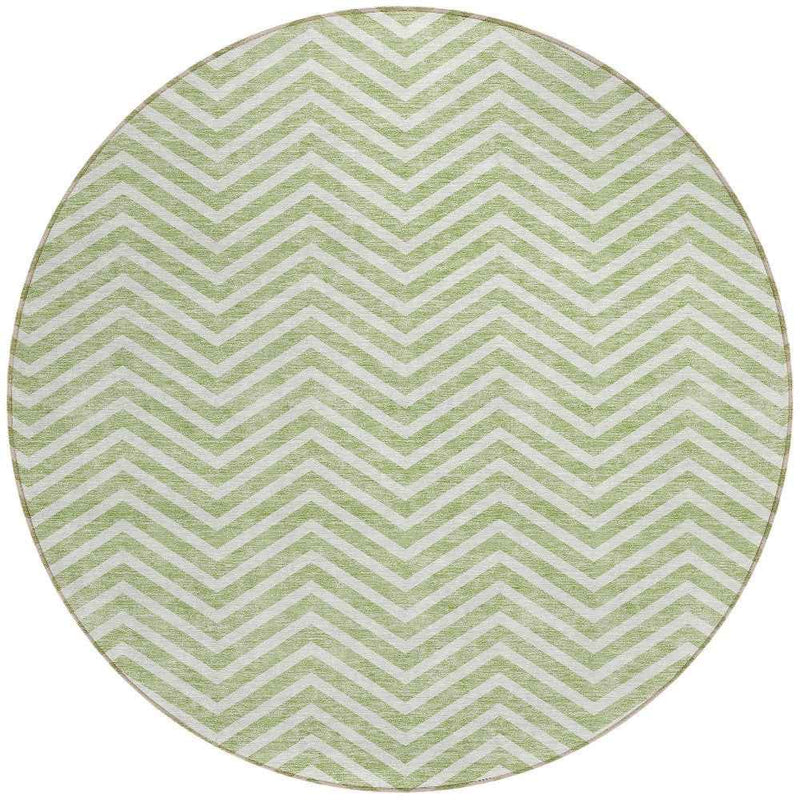 8' Artichoke Green And Ivory Round Chevron Washable Indoor Outdoor Area Rug