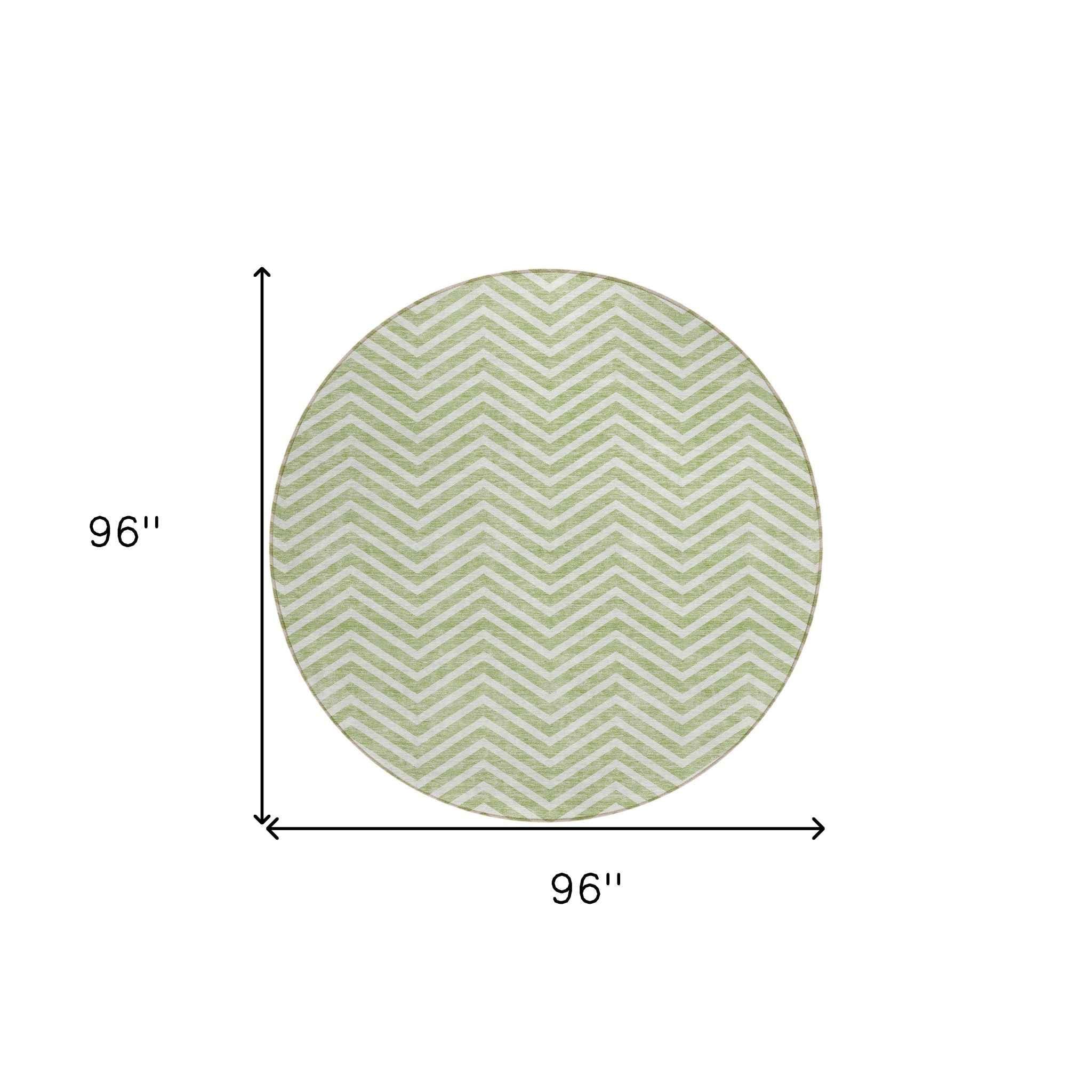 8' Artichoke Green And Ivory Round Chevron Washable Indoor Outdoor Area Rug