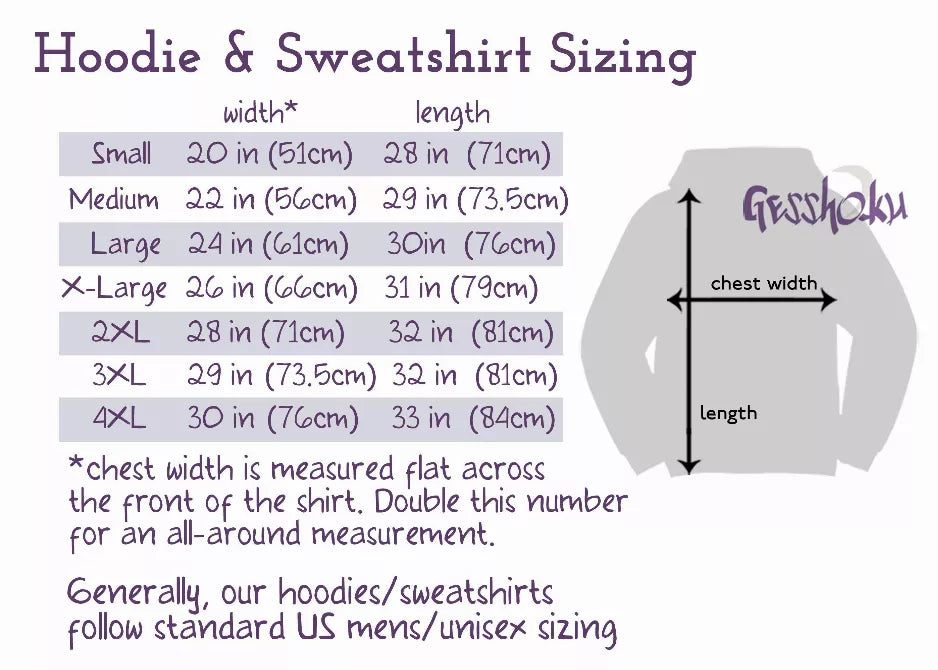 Crewneck sweatshirt sizing chart with chest width and length measurements