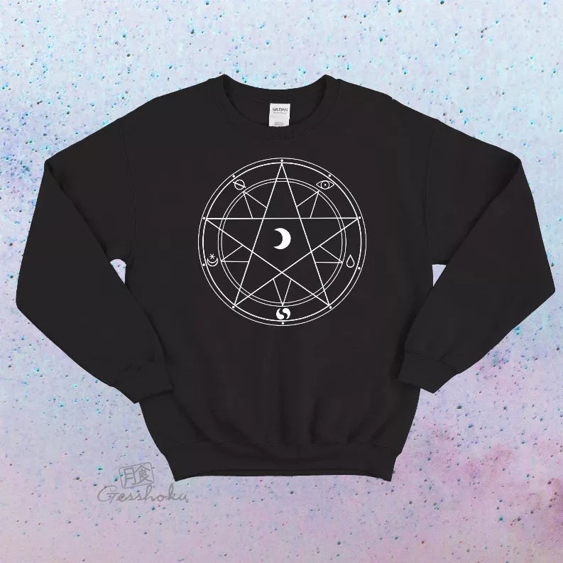 Black crewneck sweatshirt front view with white circular pentagram emblem graphic