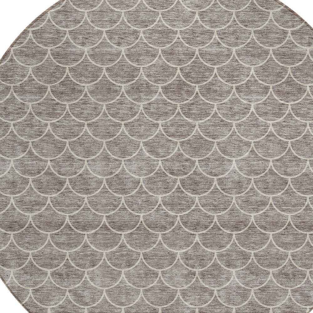 8' Taupe And Beige Round Geometric Washable Indoor Outdoor Area Rug