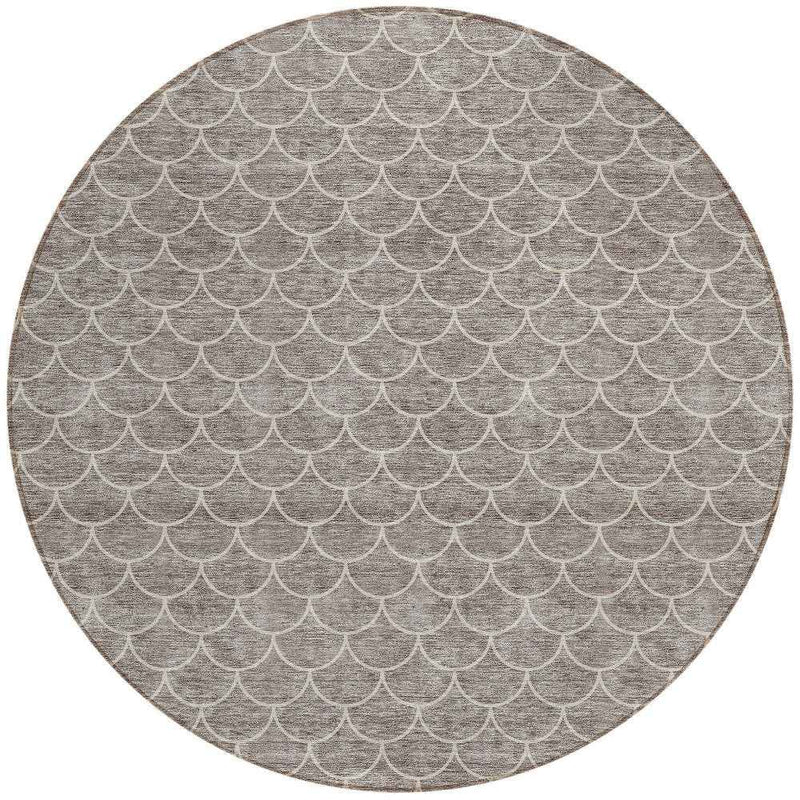8' Taupe And Beige Round Geometric Washable Indoor Outdoor Area Rug
