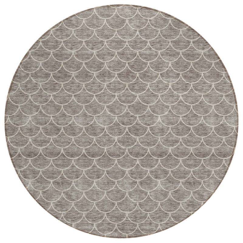 8' Taupe And Beige Round Geometric Washable Indoor Outdoor Area Rug