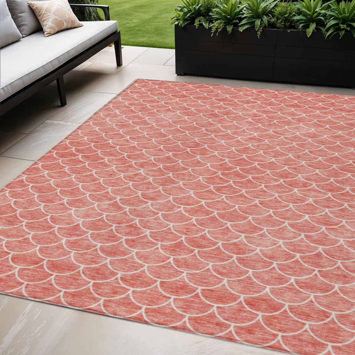 5' X 8' Salmon And Ivory Geometric Washable Indoor Outdoor Area Rug