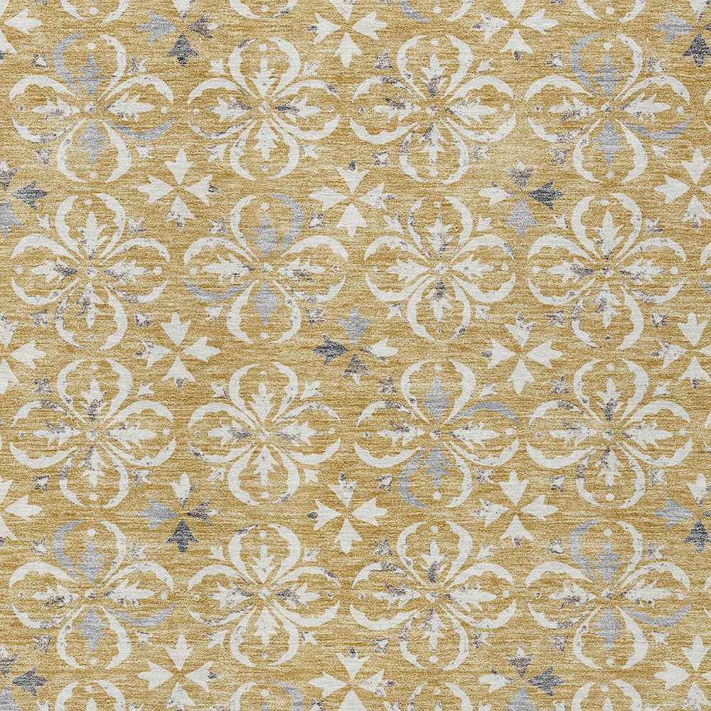 9' X 12' Gold Gray And Beige Floral Washable Indoor Outdoor Area Rug
