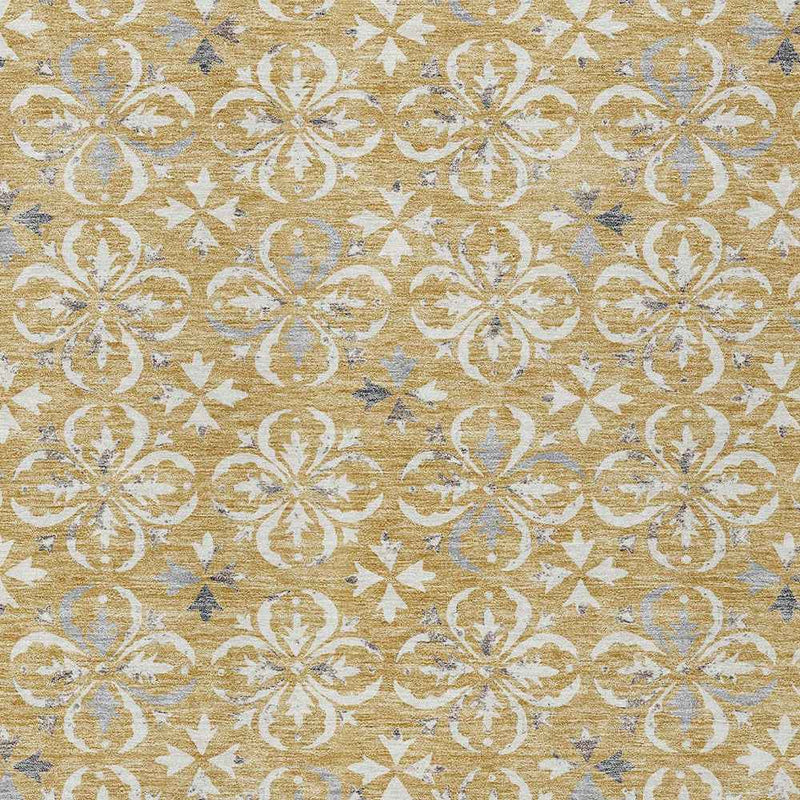 9' X 12' Gold Gray And Beige Floral Washable Indoor Outdoor Area Rug