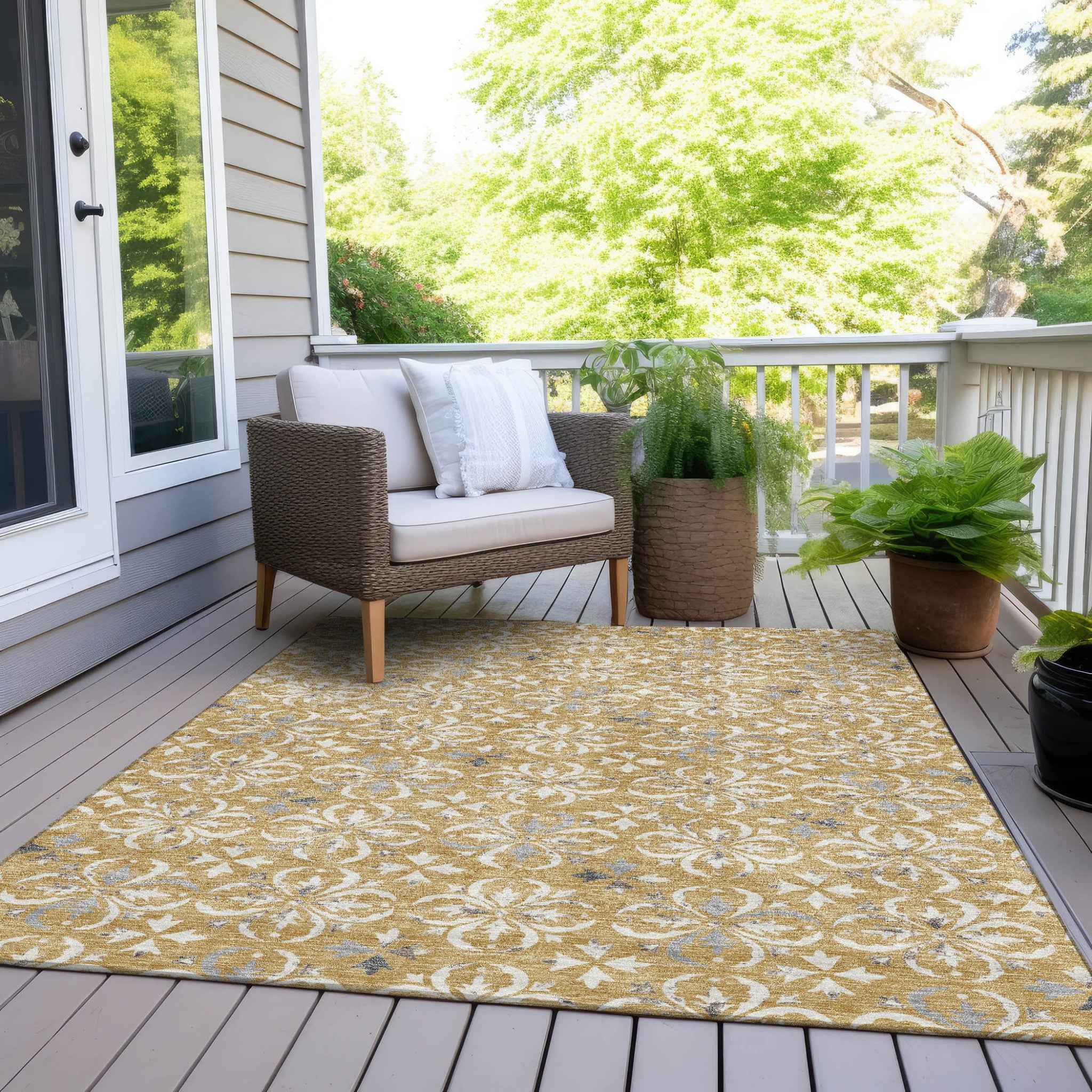 9' X 12' Gold Gray And Beige Floral Washable Indoor Outdoor Area Rug