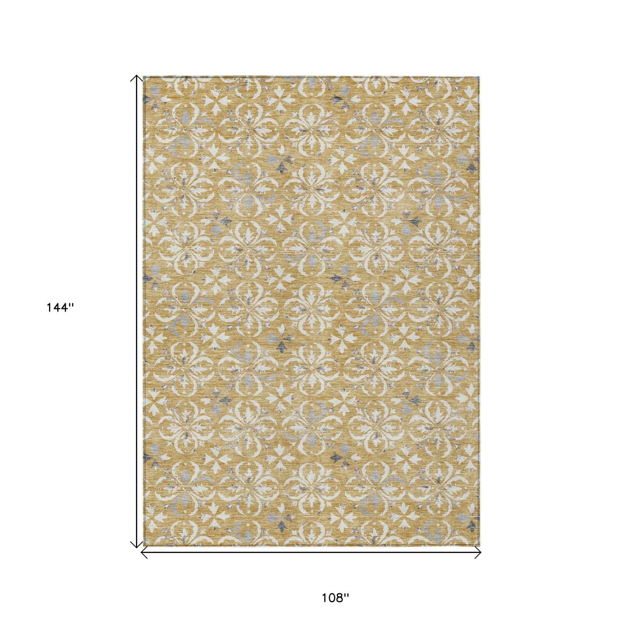 9' X 12' Gold Gray And Beige Floral Washable Indoor Outdoor Area Rug