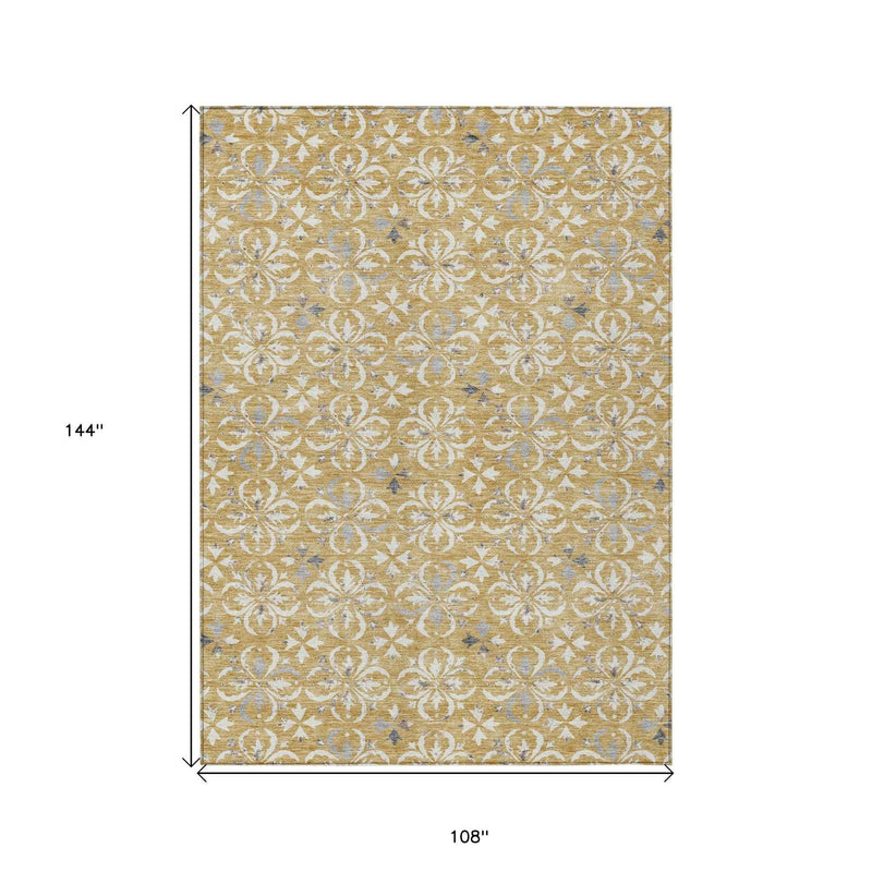 9' X 12' Gold Gray And Beige Floral Washable Indoor Outdoor Area Rug