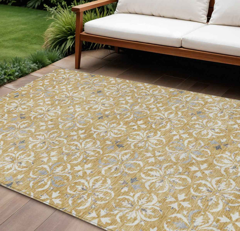 9' X 12' Gold Gray And Beige Floral Washable Indoor Outdoor Area Rug
