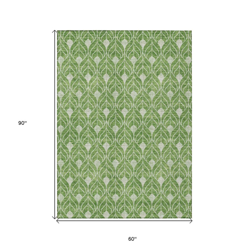 5' X 8' Green And Light Green Geometric Washable Indoor Outdoor Area Rug
