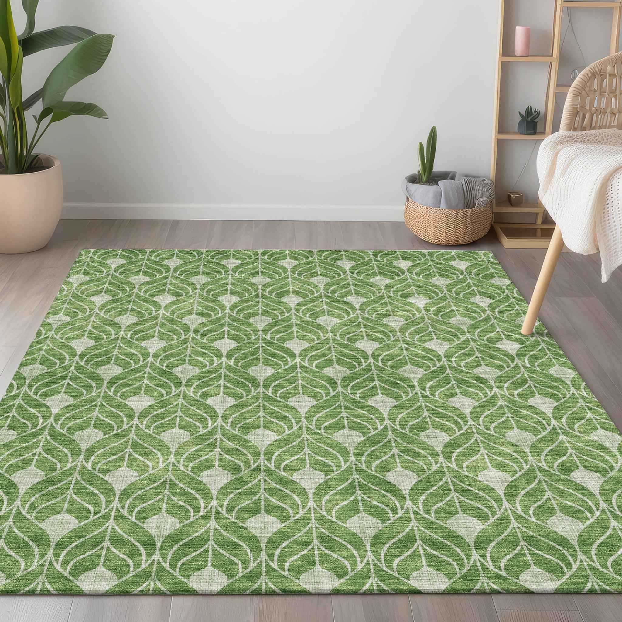 5' X 8' Green And Light Green Geometric Washable Indoor Outdoor Area Rug