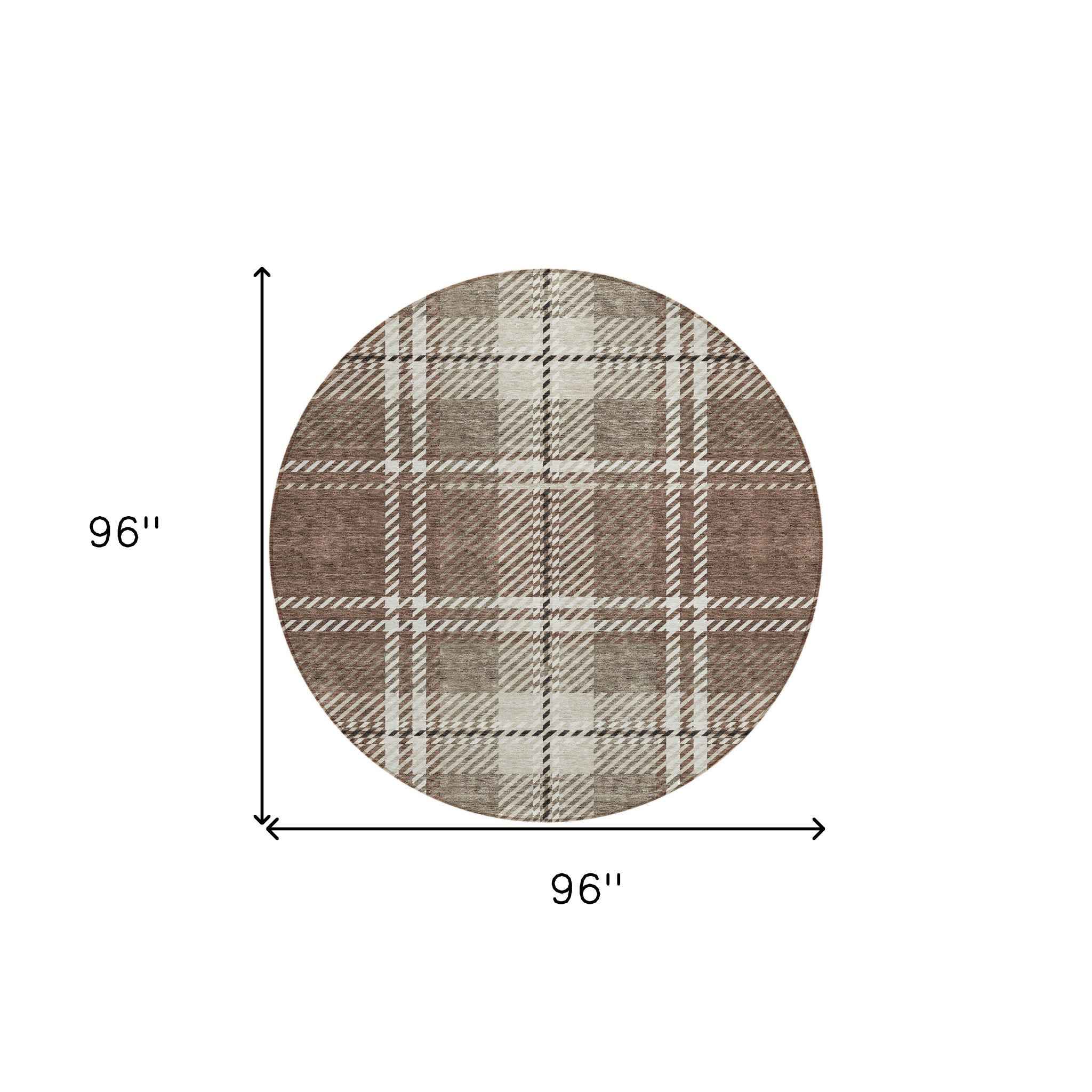 8' Brown Black And Ivory Round Plaid Washable Indoor Outdoor Area Rug