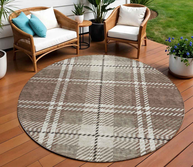 8' Brown Black And Ivory Round Plaid Washable Indoor Outdoor Area Rug