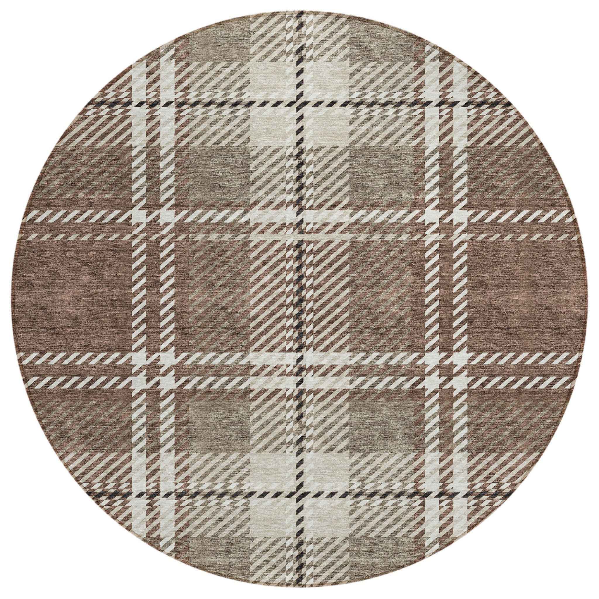 8' Brown Black And Ivory Round Plaid Washable Indoor Outdoor Area Rug