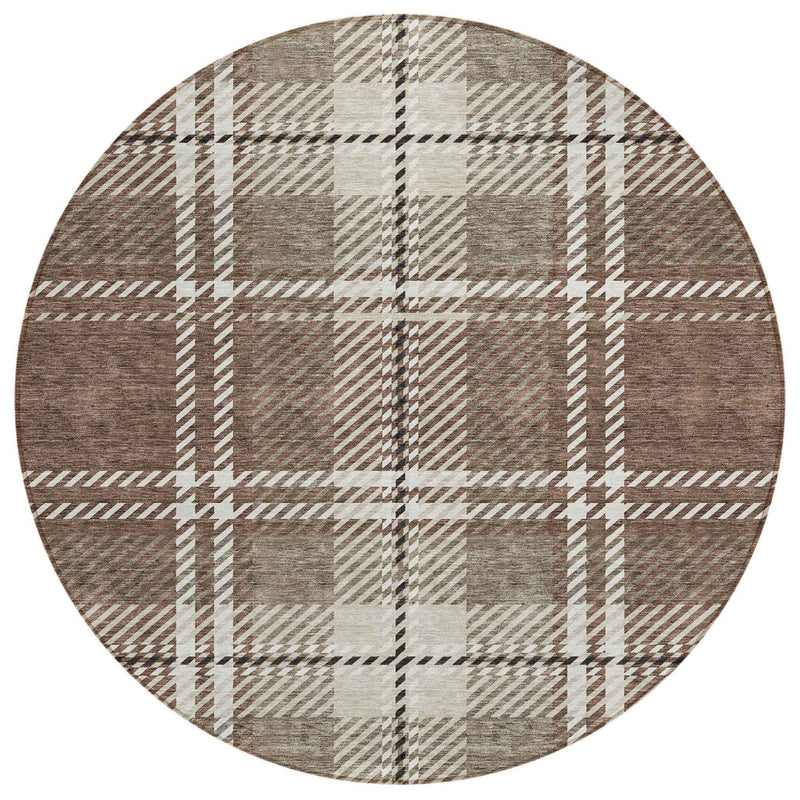 8' Brown Black And Ivory Round Plaid Washable Indoor Outdoor Area Rug