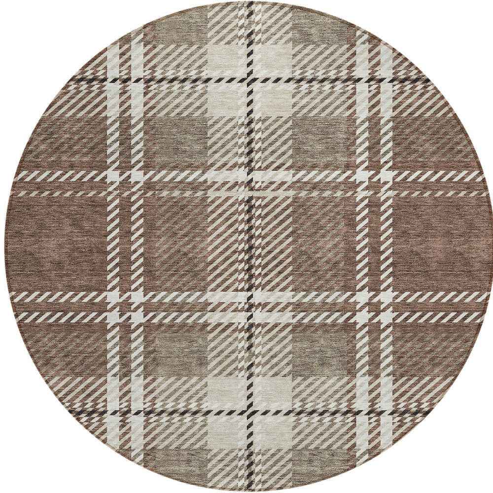 8' Brown Black And Ivory Round Plaid Washable Indoor Outdoor Area Rug