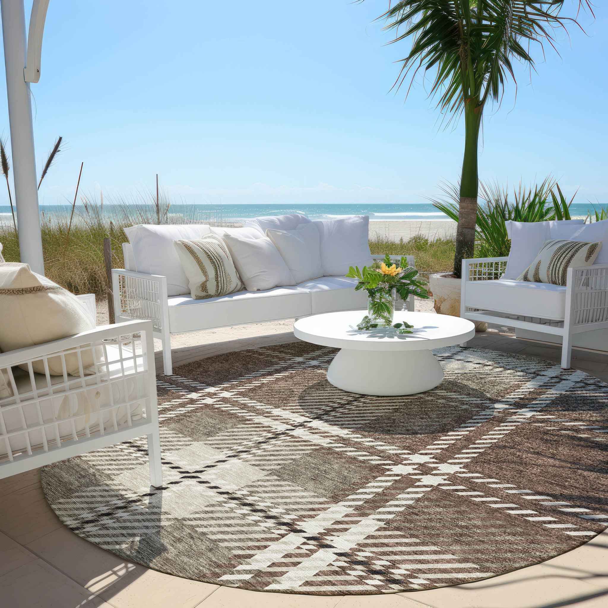 8' Brown Black And Ivory Round Plaid Washable Indoor Outdoor Area Rug