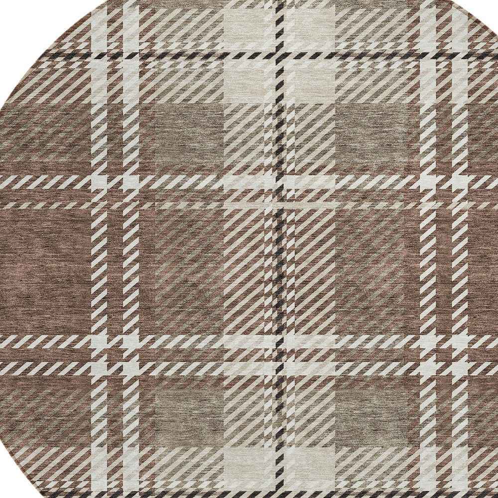 8' Brown Black And Ivory Round Plaid Washable Indoor Outdoor Area Rug