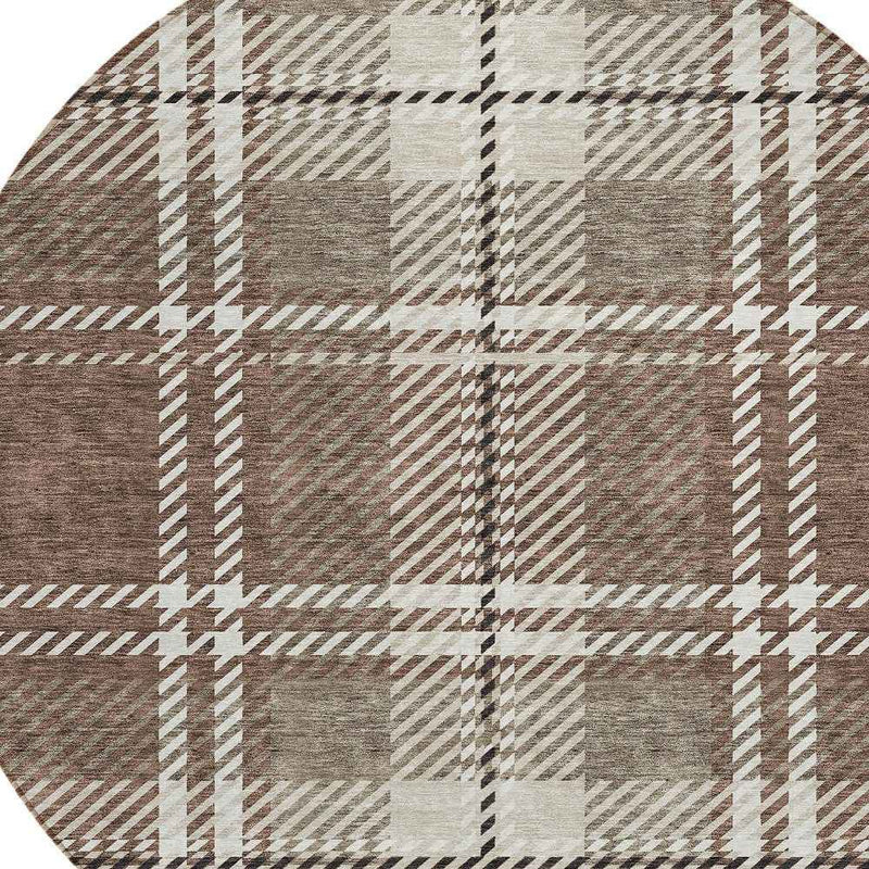 8' Brown Black And Ivory Round Plaid Washable Indoor Outdoor Area Rug
