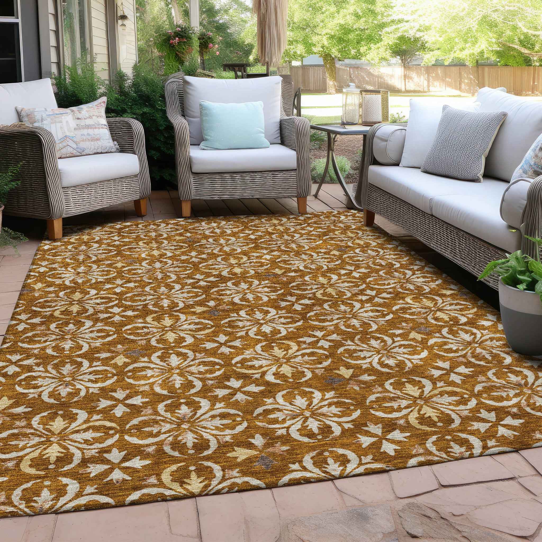 8' X 10' Copper And Beige Floral Washable Indoor Outdoor Area Rug