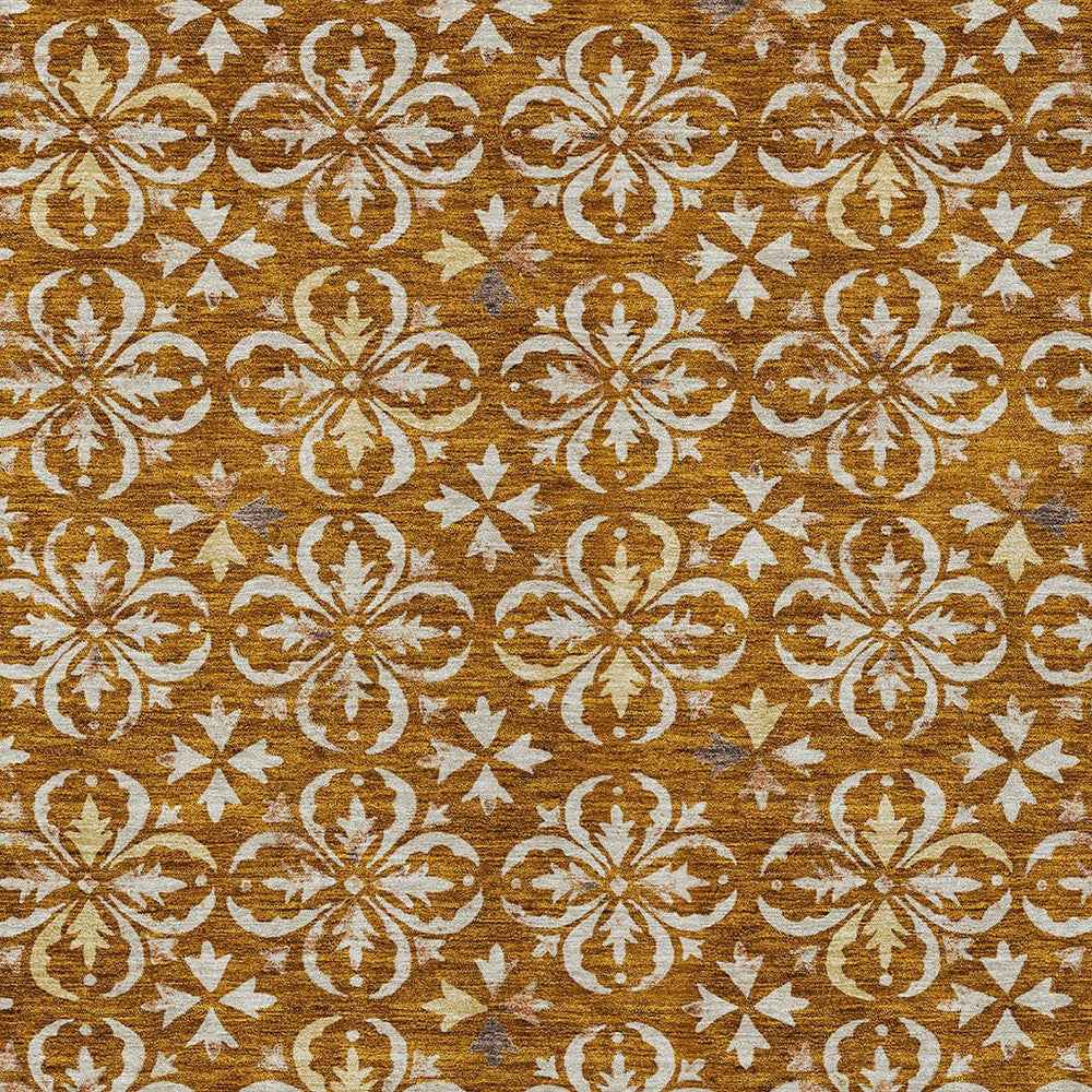 8' X 10' Copper And Beige Floral Washable Indoor Outdoor Area Rug