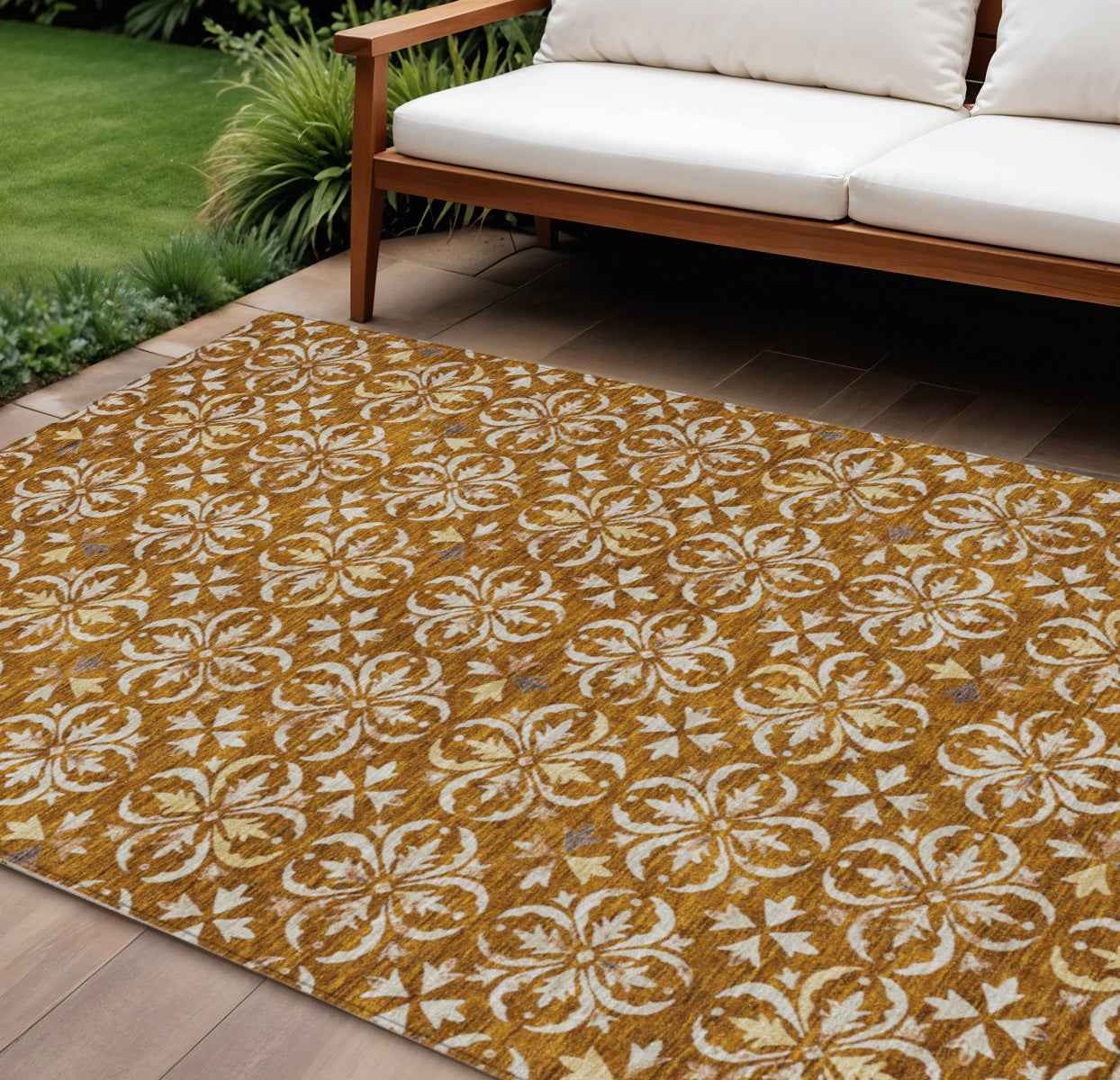 8' X 10' Copper And Beige Floral Washable Indoor Outdoor Area Rug