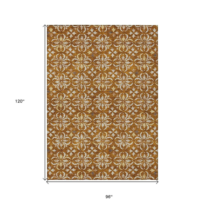 8' X 10' Copper And Beige Floral Washable Indoor Outdoor Area Rug