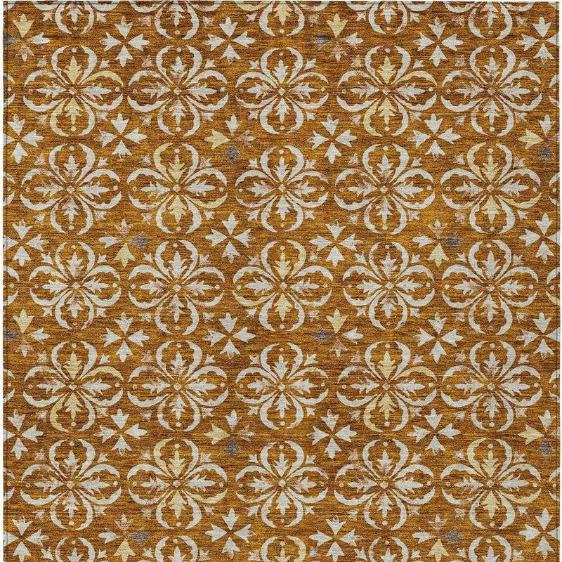 8' X 10' Copper And Beige Floral Washable Indoor Outdoor Area Rug