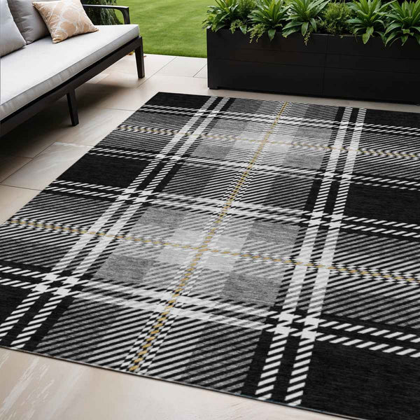 5' X 8' Black Gold And Gray Plaid Washable Indoor Outdoor Area Rug