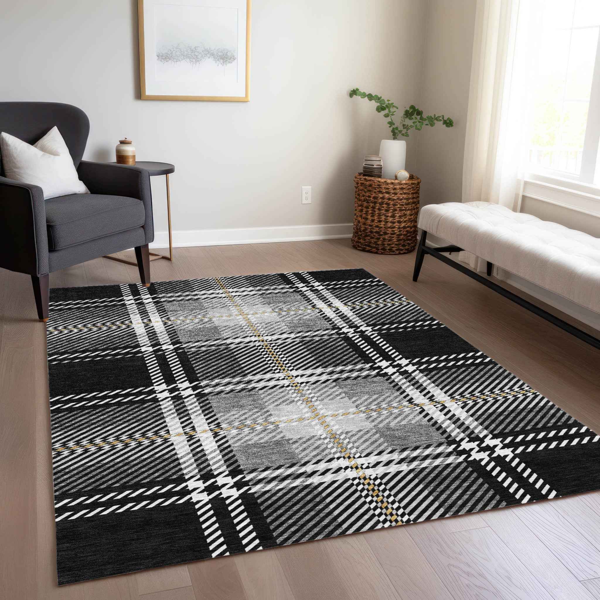 5' X 8' Black Gold And Gray Plaid Washable Indoor Outdoor Area Rug