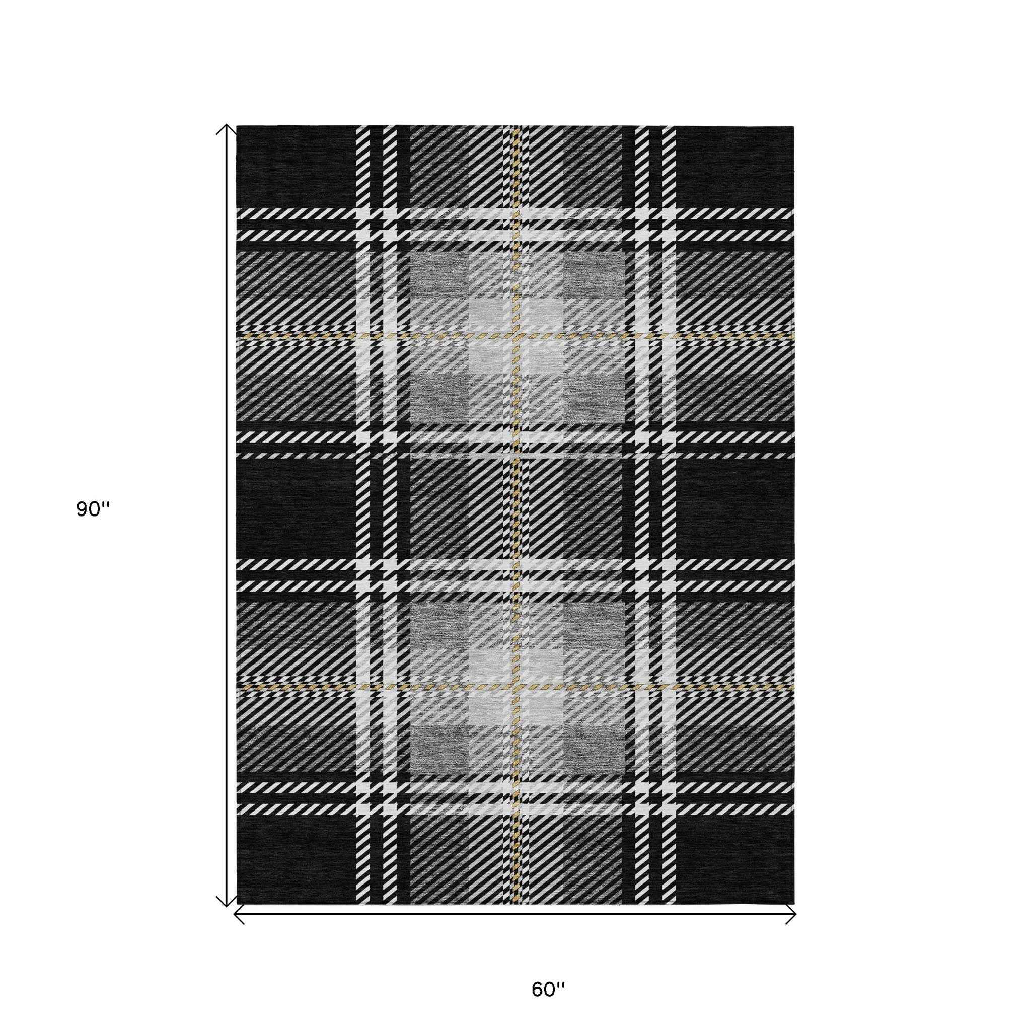 5' X 8' Black Gold And Gray Plaid Washable Indoor Outdoor Area Rug