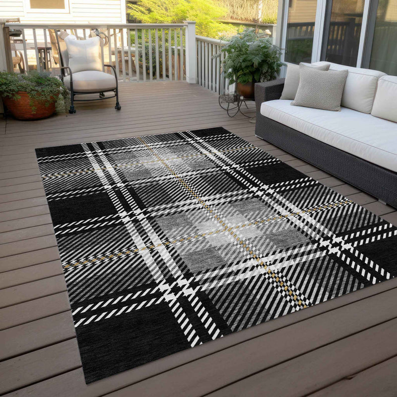 5' X 8' Black Gold And Gray Plaid Washable Indoor Outdoor Area Rug