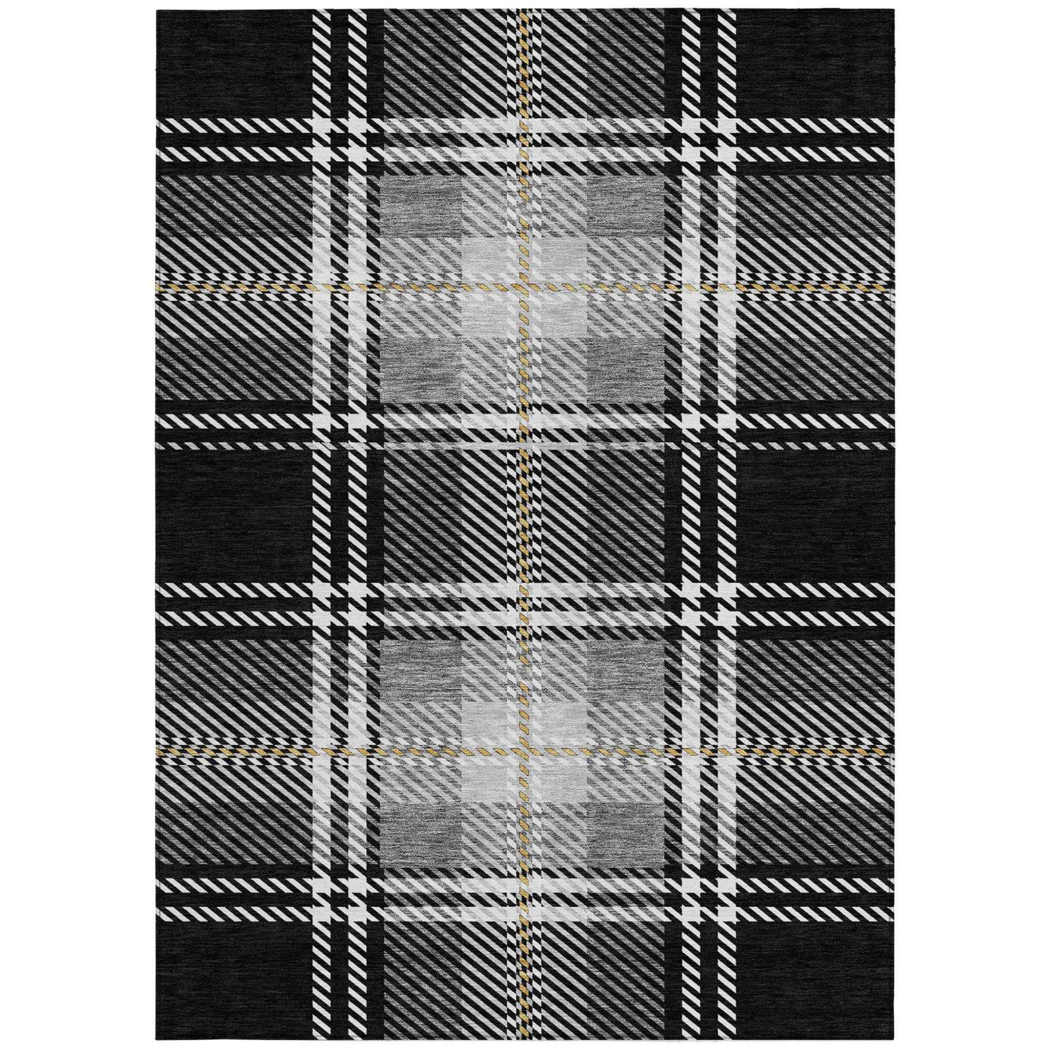 5' X 8' Black Gold And Gray Plaid Washable Indoor Outdoor Area Rug
