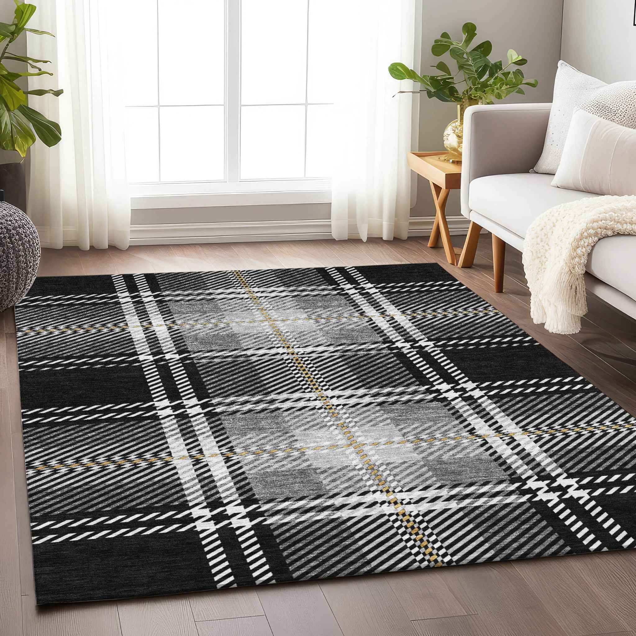 5' X 8' Black Gold And Gray Plaid Washable Indoor Outdoor Area Rug