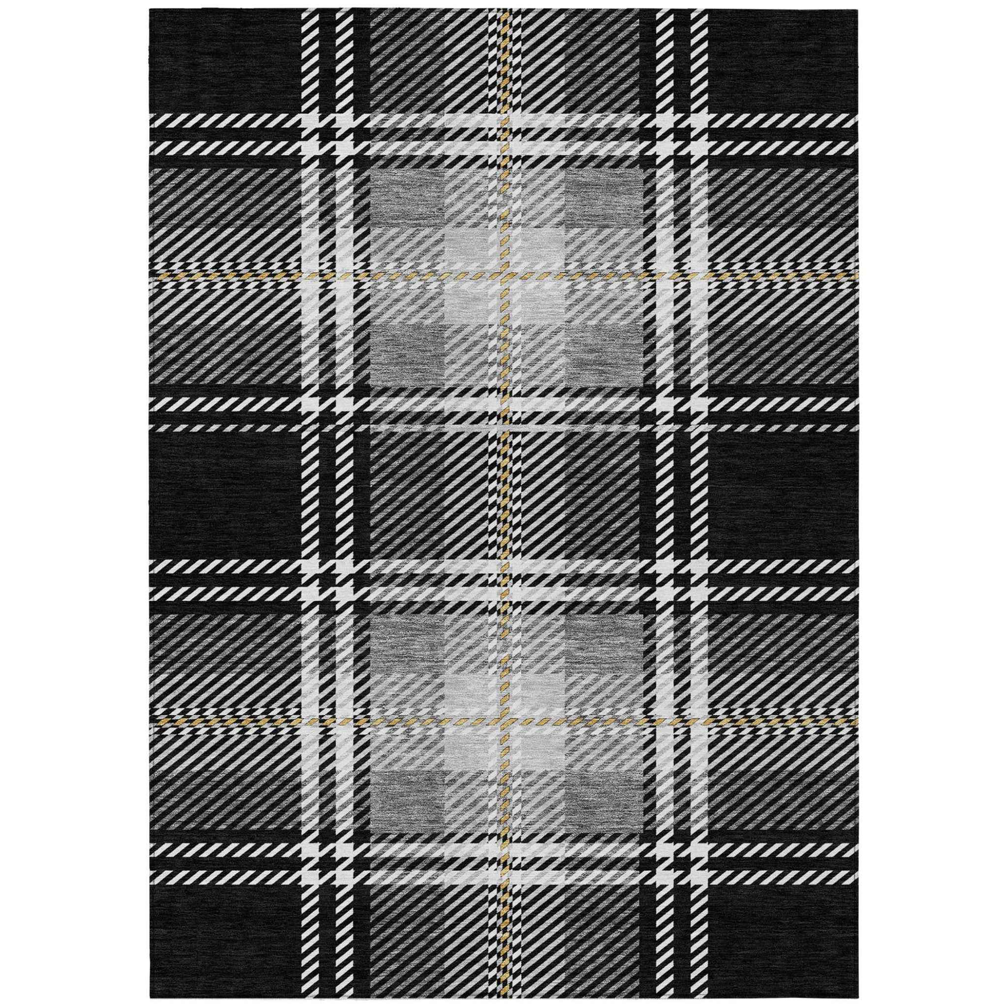 5' X 8' Black Gold And Gray Plaid Washable Indoor Outdoor Area Rug