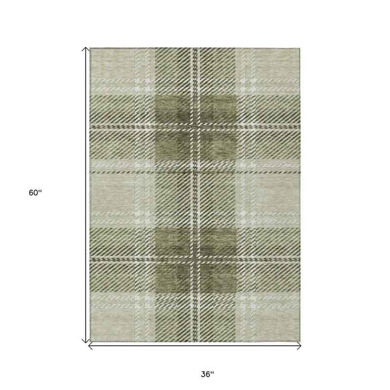 3' X 5' Artichoke Green Brown And Ivory Plaid Washable Indoor Outdoor Area Rug