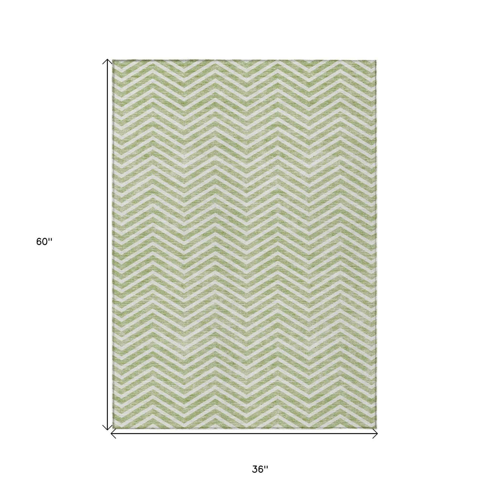 3' X 5' Artichoke Green And Ivory Chevron Washable Indoor Outdoor Area Rug