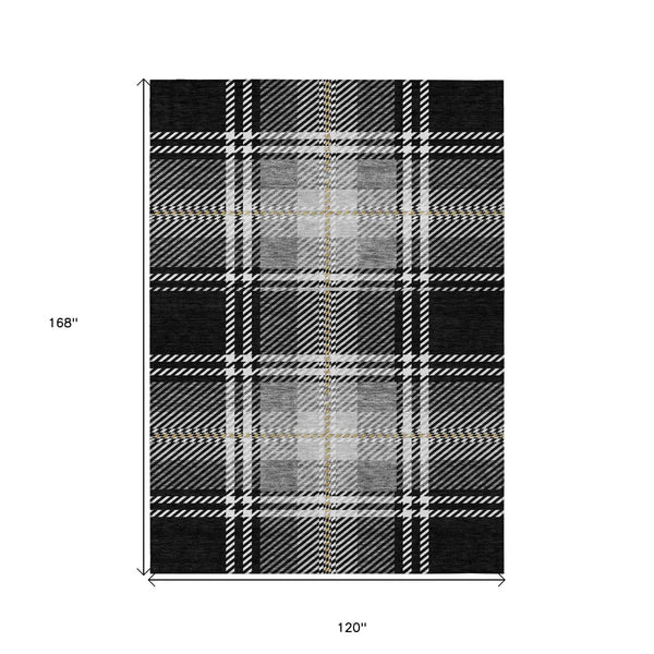 10' X 14' Black Gold And Gray Plaid Washable Indoor Outdoor Area Rug