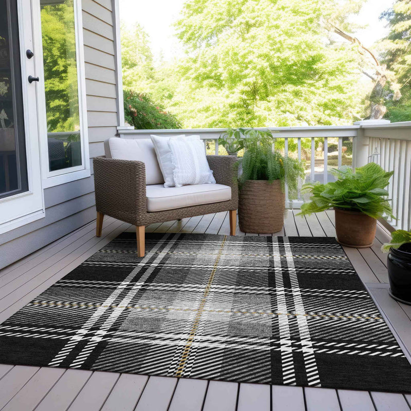 10' X 14' Black Gold And Gray Plaid Washable Indoor Outdoor Area Rug