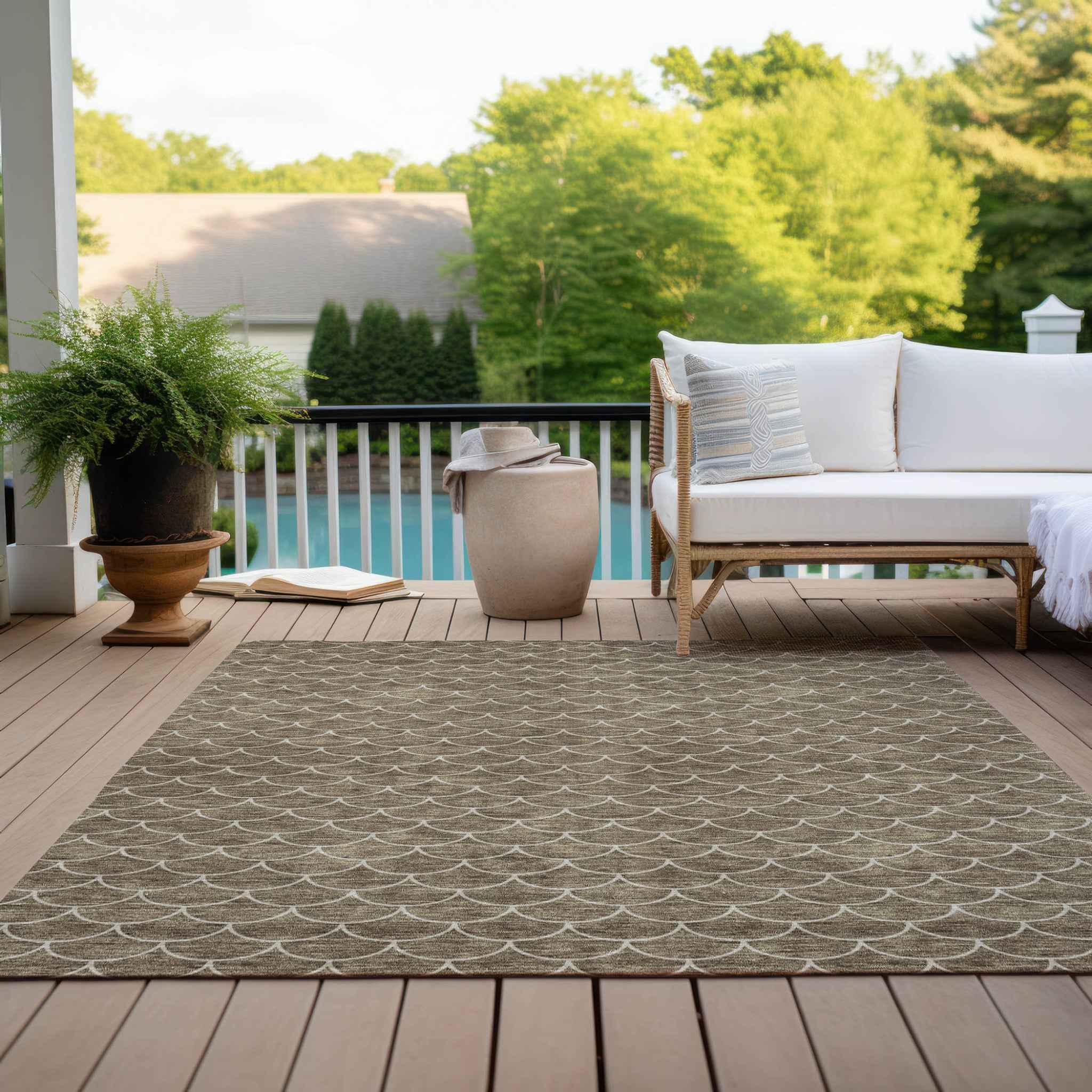 10' X 14' Brown And Beige Geometric Washable Indoor Outdoor Area Rug