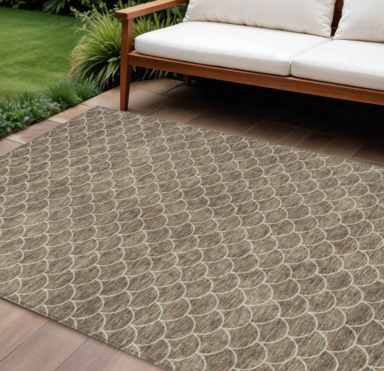 10' X 14' Brown And Beige Geometric Washable Indoor Outdoor Area Rug