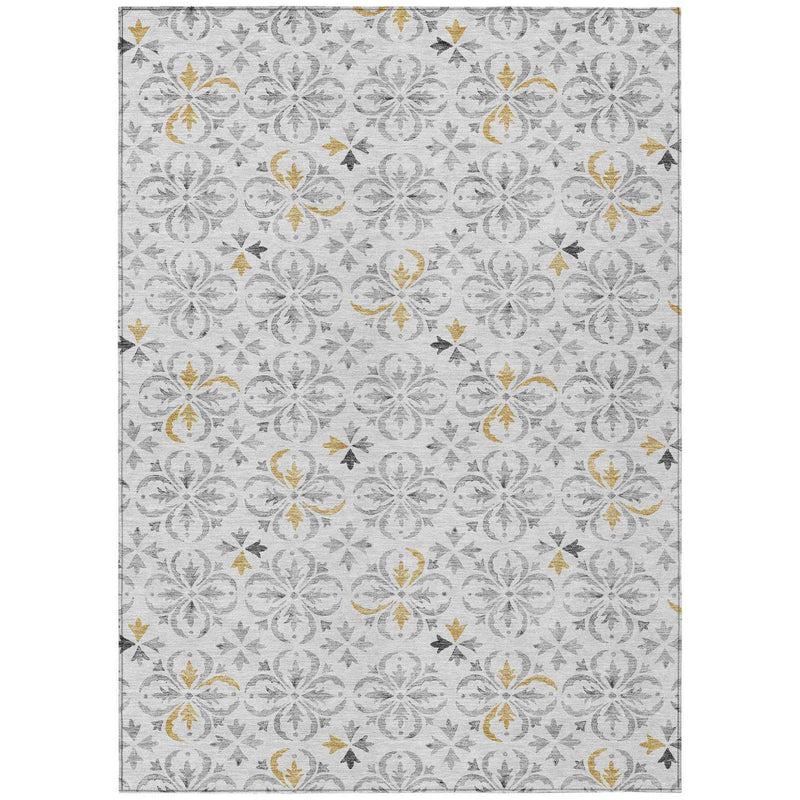 5' X 8' Silver Gray And Gold Floral Washable Indoor Outdoor Area Rug
