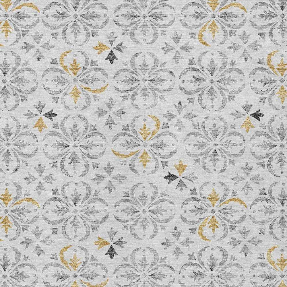 5' X 8' Silver Gray And Gold Floral Washable Indoor Outdoor Area Rug