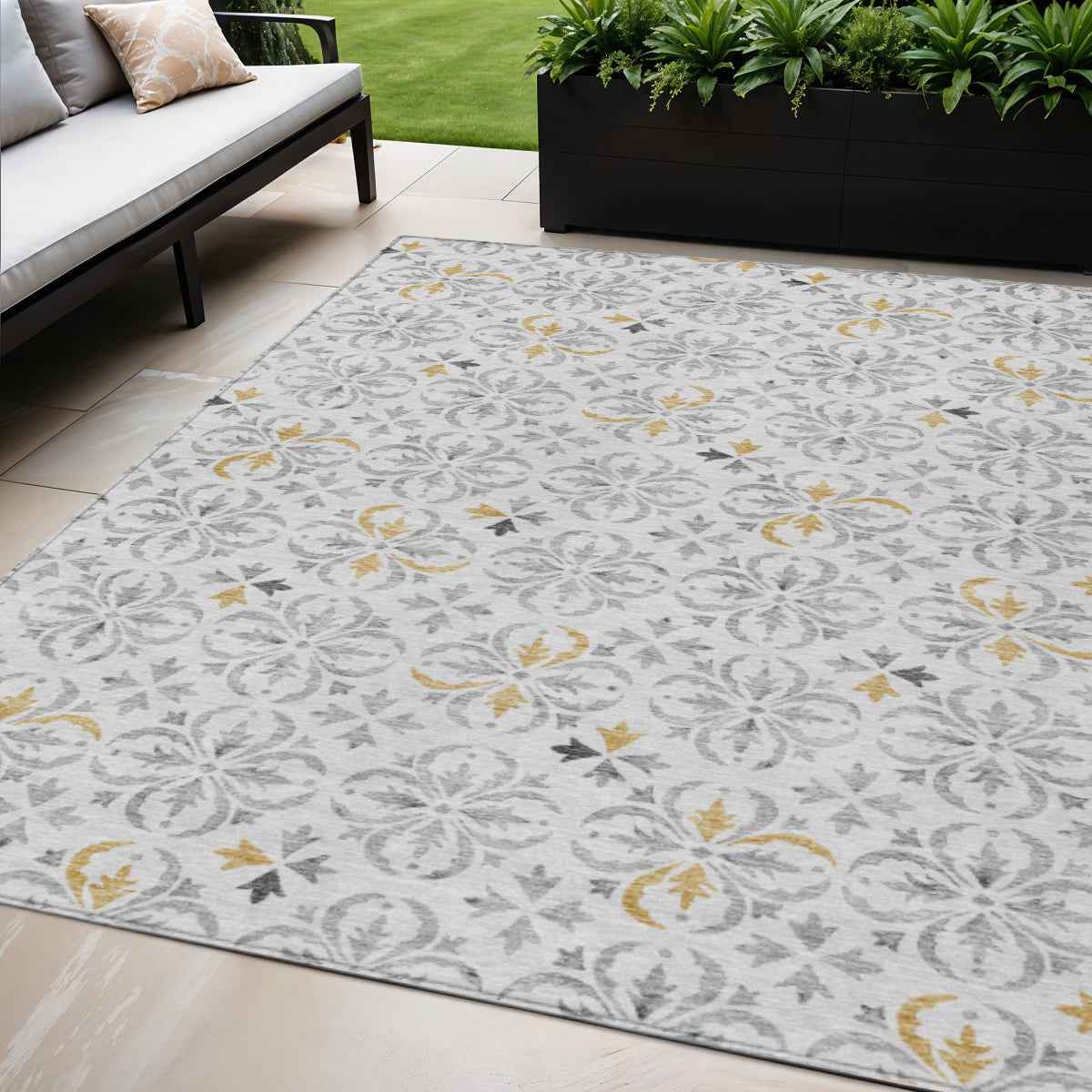 5' X 8' Silver Gray And Gold Floral Washable Indoor Outdoor Area Rug