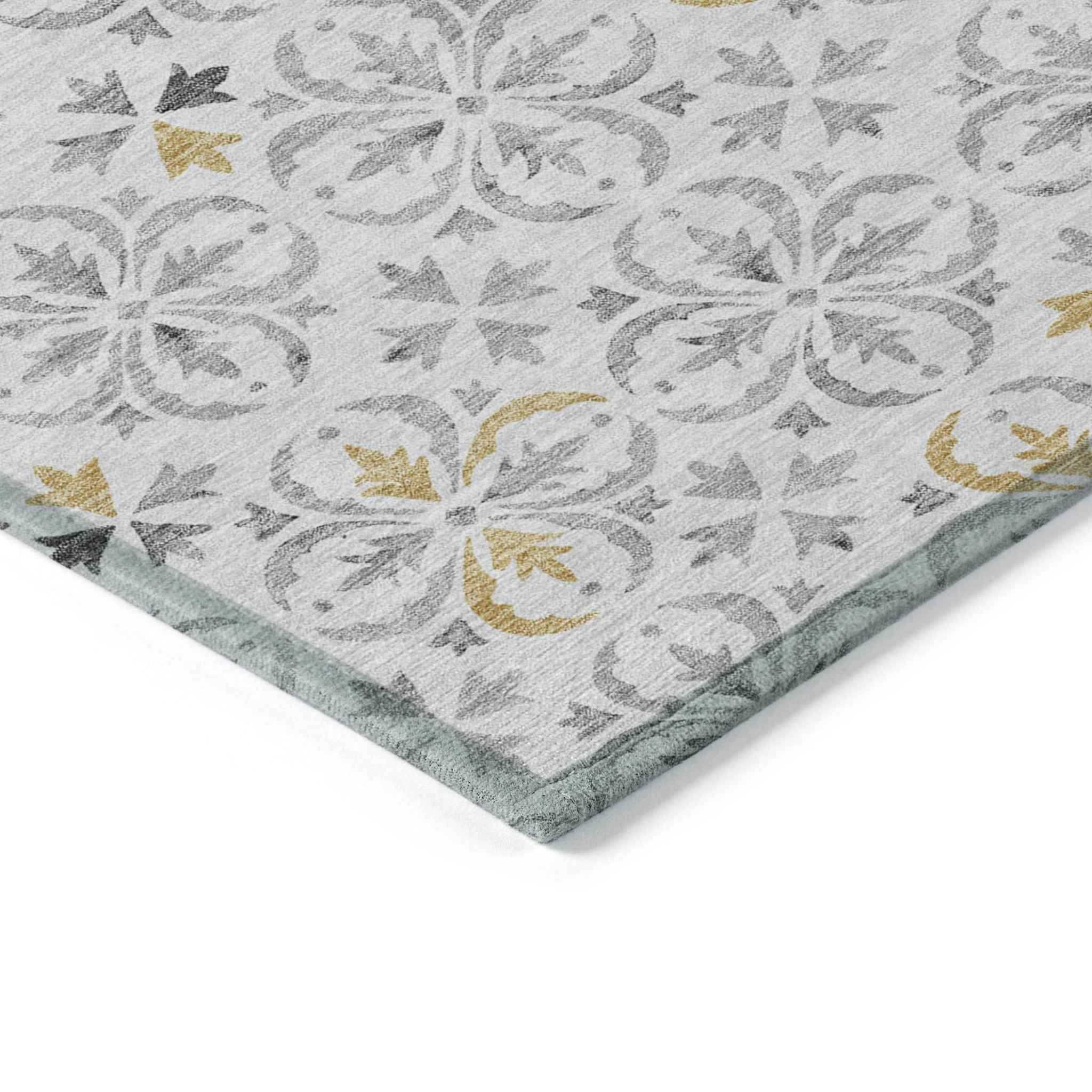 5' X 8' Silver Gray And Gold Floral Washable Indoor Outdoor Area Rug