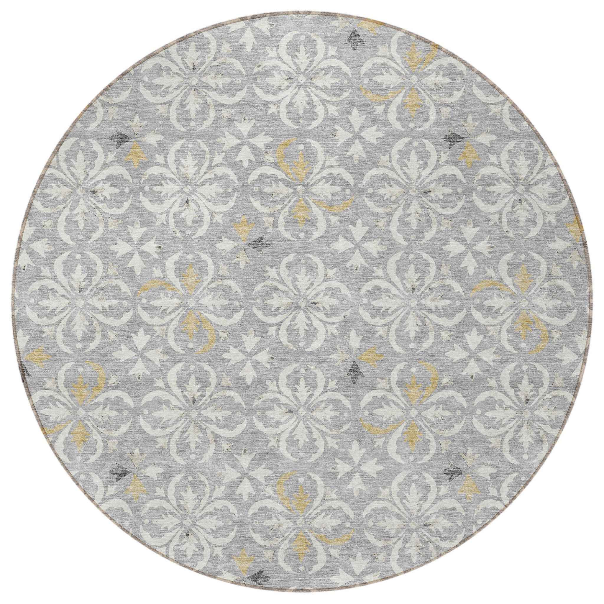 8' Gray Ivory And Brown Round Floral Washable Indoor Outdoor Area Rug